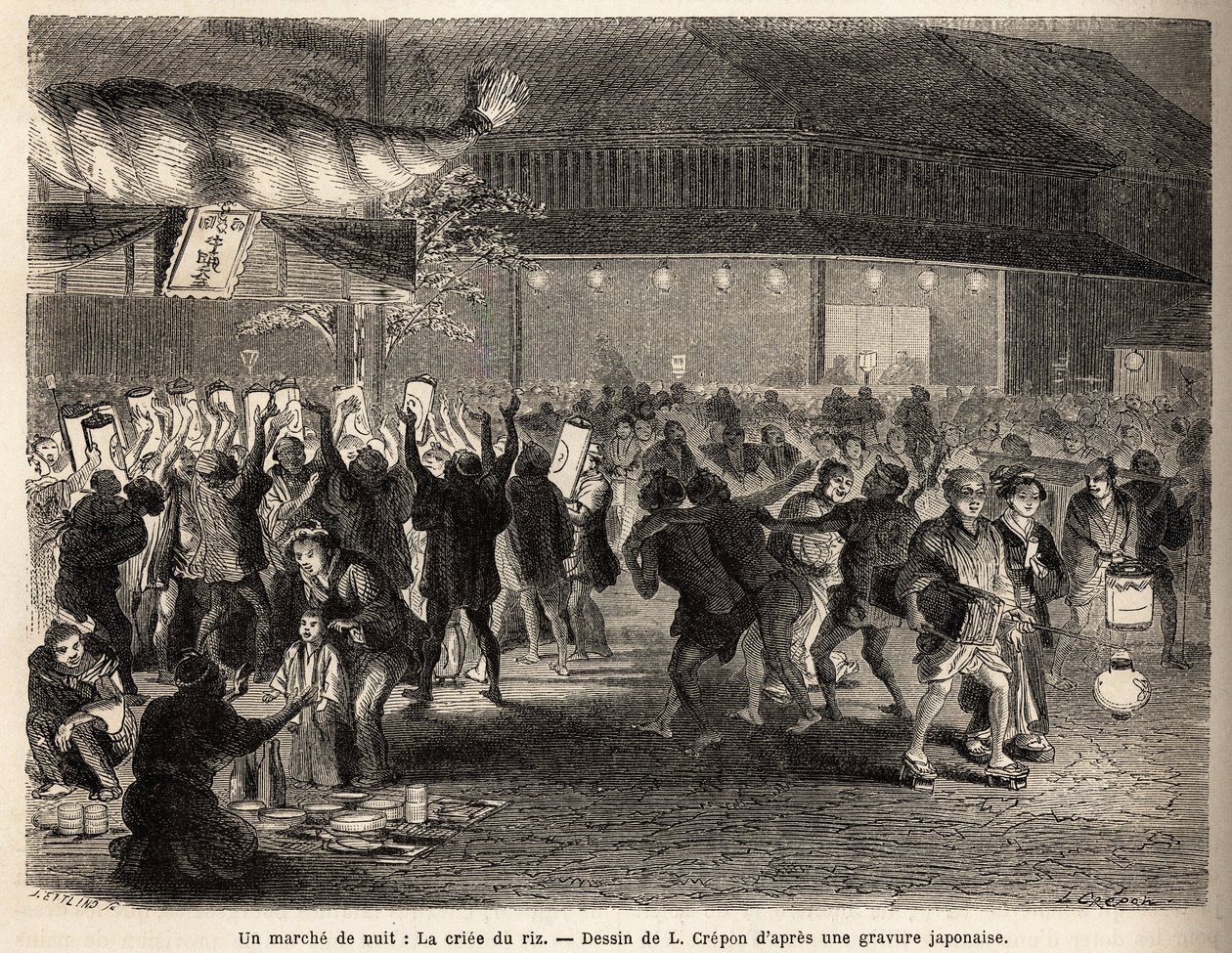 Une promenade nocturne à Edo (Tokyo), la vente aux enchères de riz, vente aux enchères d