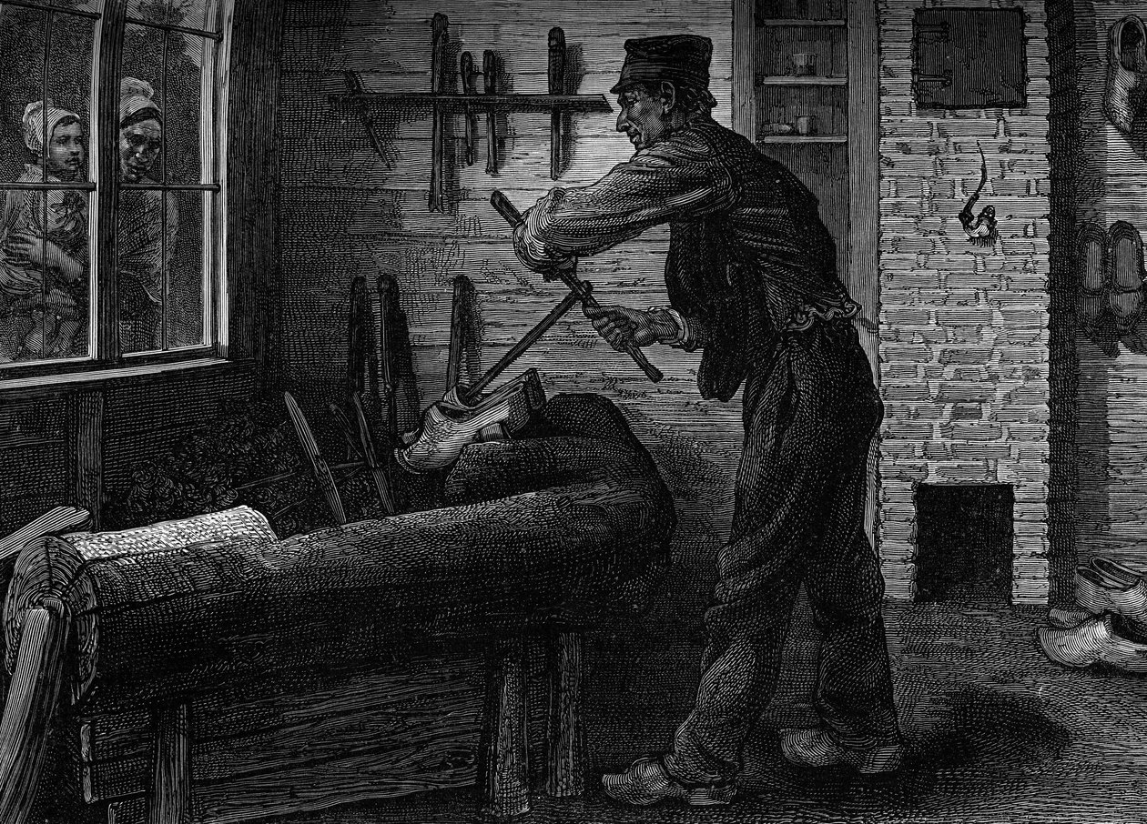 Un sabotier au travail dans son atelier en Belgique, Gravure dans le journal « la jeunesse » - Unknown artist
