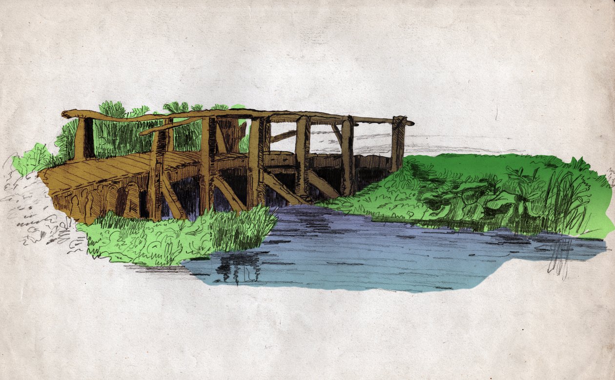 Petit pont en bois sur une rivière - Unknown artist