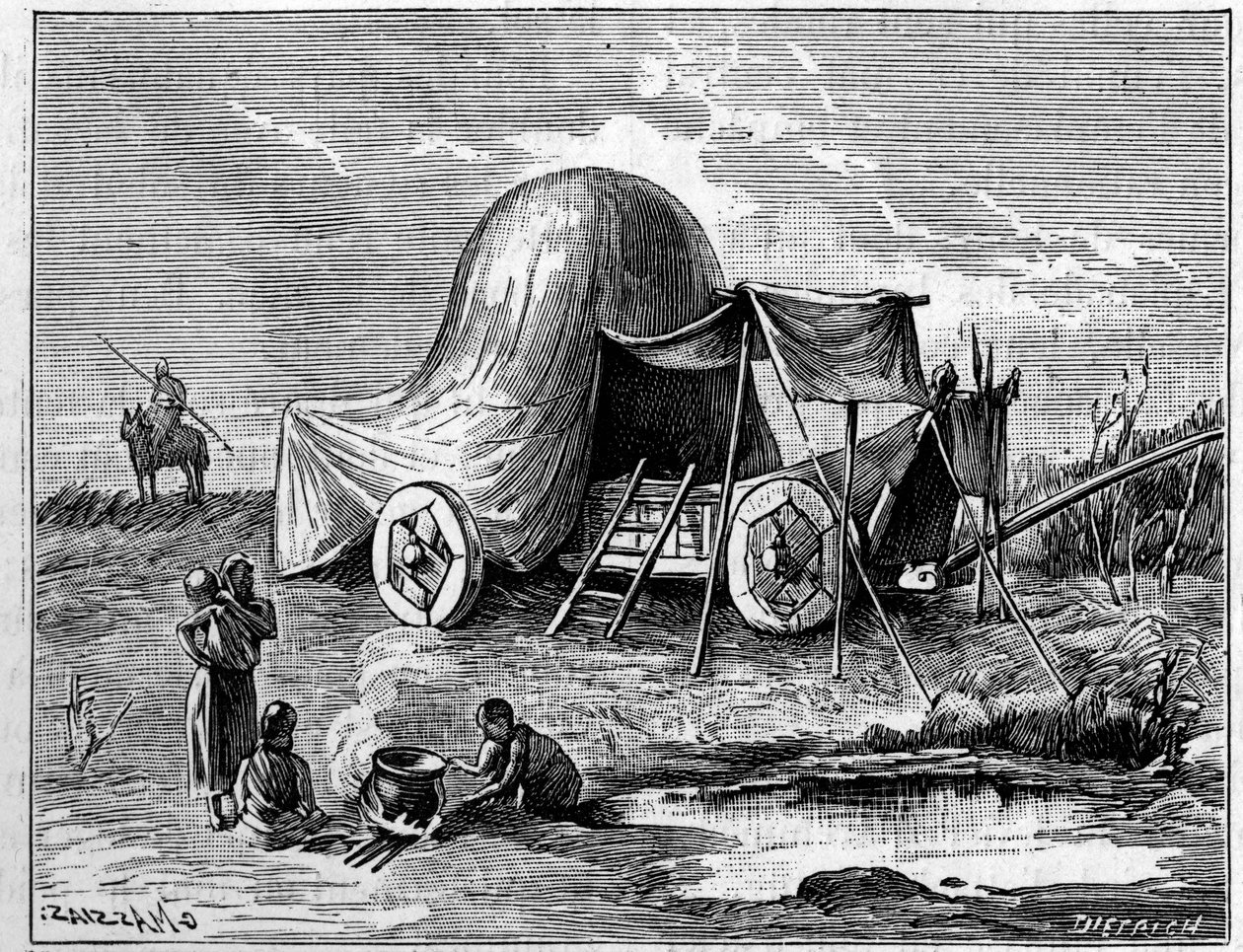 Une tente montée sur un chariot à l