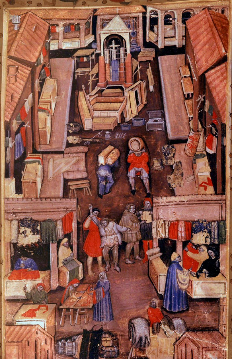 Une promenade : drapiers, tailleurs, marchands de vêtements dans une ville française. En haut, construction d