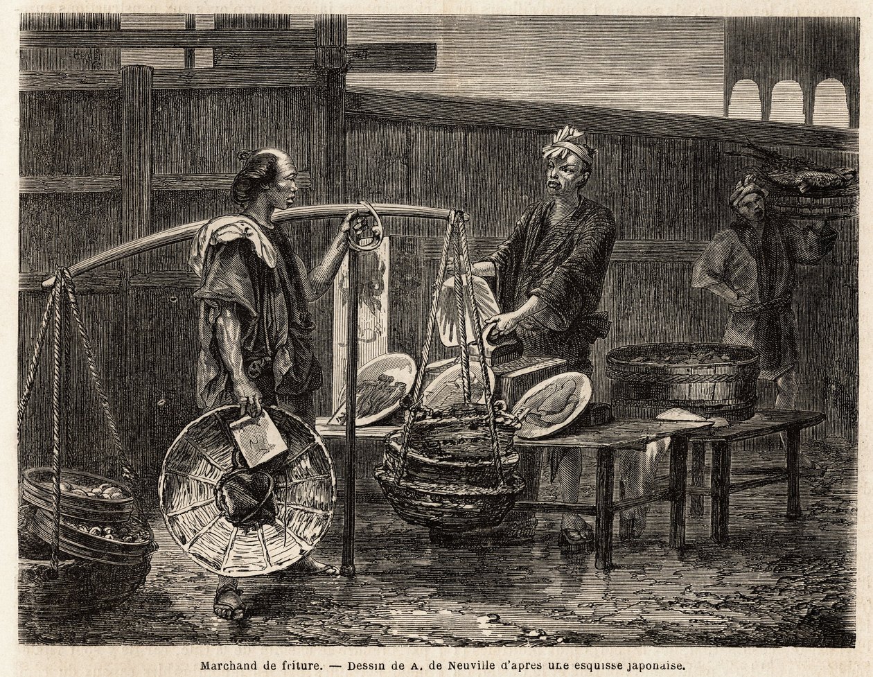 Un marchand de beignets ambulant, porte ses beignets dans des paniers et se rend au marché pour les vendre aux autres marchands pour le déjeuner. Gravure pour illustrer le voyage au Japon, en 1863-1864, par Aimé Humbert, ministre de la Confédération suisse - Unknown artist