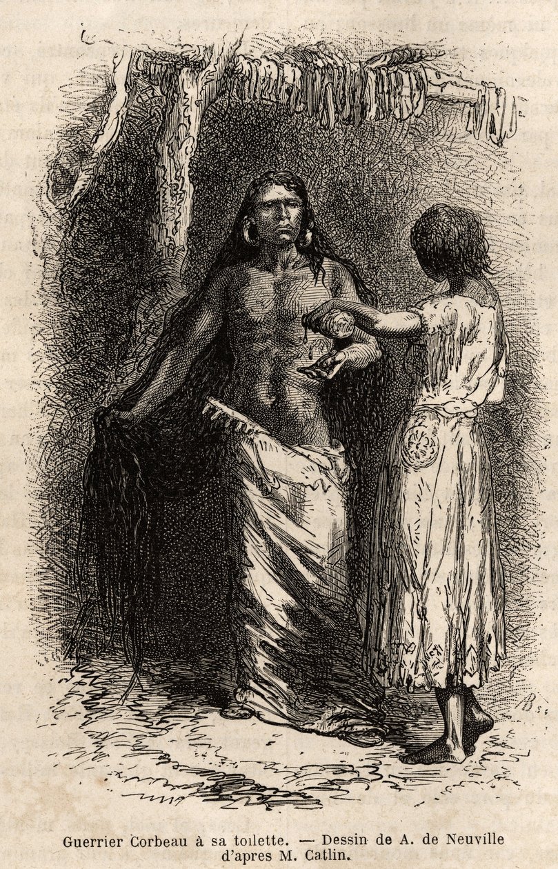 Un guerrier de la tribu indienne des Crows, vivant le long de la rivière Lewis, faisant sa toilette. Gravure pour illustrer une excursion parmi les tribus indiennes des bassins de la Colombie et du Haut Missouri, par G. Catlin, en 1855, publié dans « le to - Unknown artist