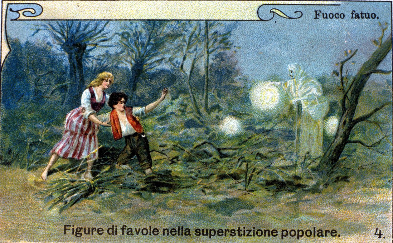 Un feu follet, une lumière diffuse visible la nuit près des marais et des cimetières, serait un esprit malin de la tradition populaire. Chromolithographie du XIXe siècle. - Unknown artist