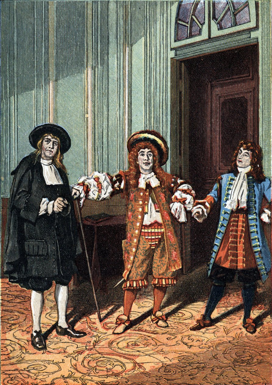 Acte II de « Le Bourgeois Gentilhomme » comédie-ballet en cinq actes en prose de Molière. Le maître philosophe (M. Lenoir), le maître de danse (M. Truffier), M. Jourdain (M. Coquelin cadet). Vers 1890. - Unknown artist