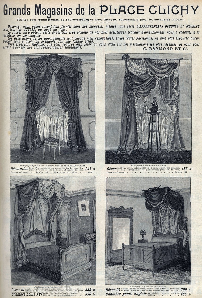 Publicité pour les meubles et décorations des grands magasins de la Place de Clichy à Paris. Gravure dans « Le soleil-du-dimanche » - Unknown artist