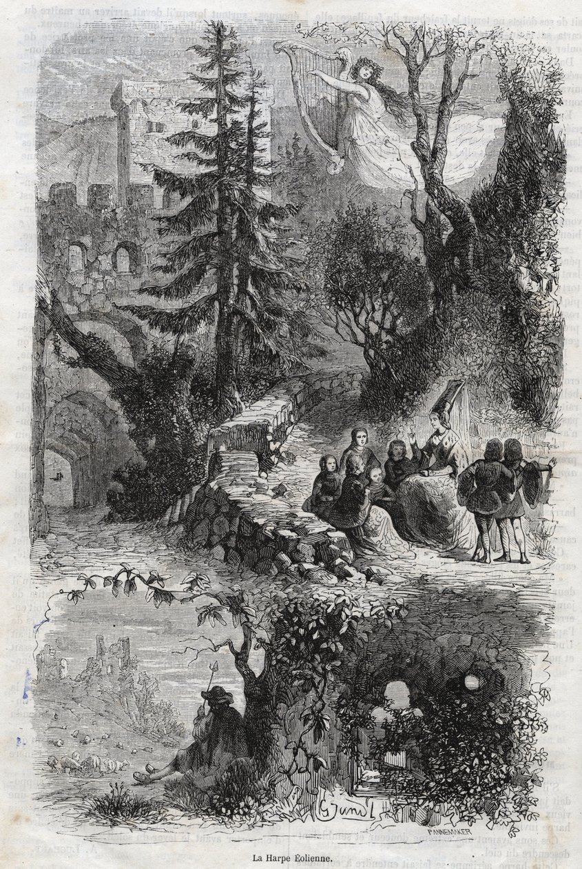 Harpe éolienne - instrument de musique joué par le vent - gravure de 1860 - Unknown artist