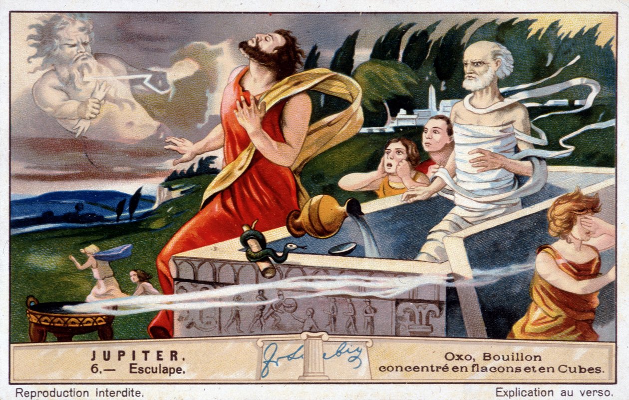 Esculape meurt, foudroyé par Jupiter, pour avoir ressuscité les morts - Chromolithographie Oxo, produite par Liebig - Unknown artist