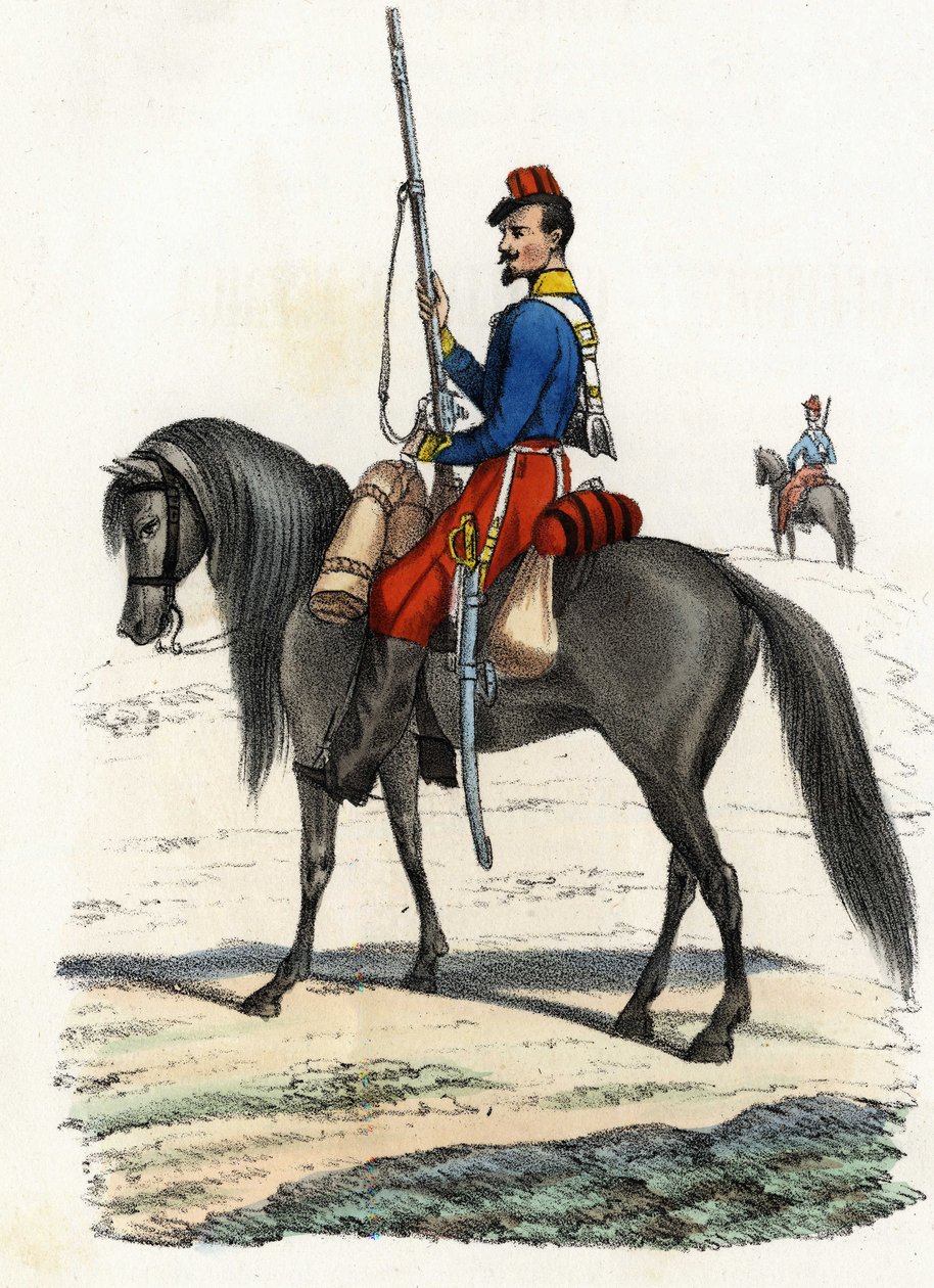 Chasseur africain à cheval, régiment formé en 1831 et présent en Algérie en 1832. Dans Storia d