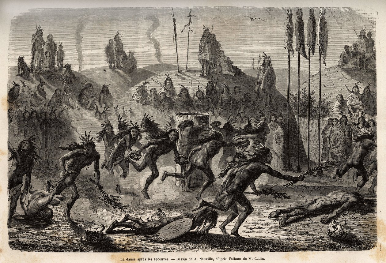 Après la cérémonie de don de soi au Grand Esprit, les jeunes guerriers embrassent une danse frénétique et débridée, les plus faibles traînent sur le sol, parmi les Indiens Mandans (ou noumah ka kie : faisans), sur la rive gauche du Missouri. Gravure pour i - Unknown artist