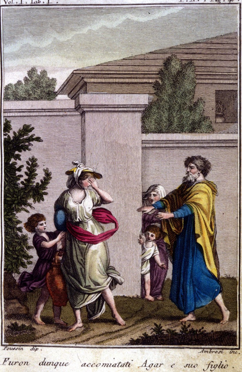 Agar et Ismaël chassés par Abraham : Agar, qui a été renvoyée, est partie avec son fils, Ismaël, après la naissance d