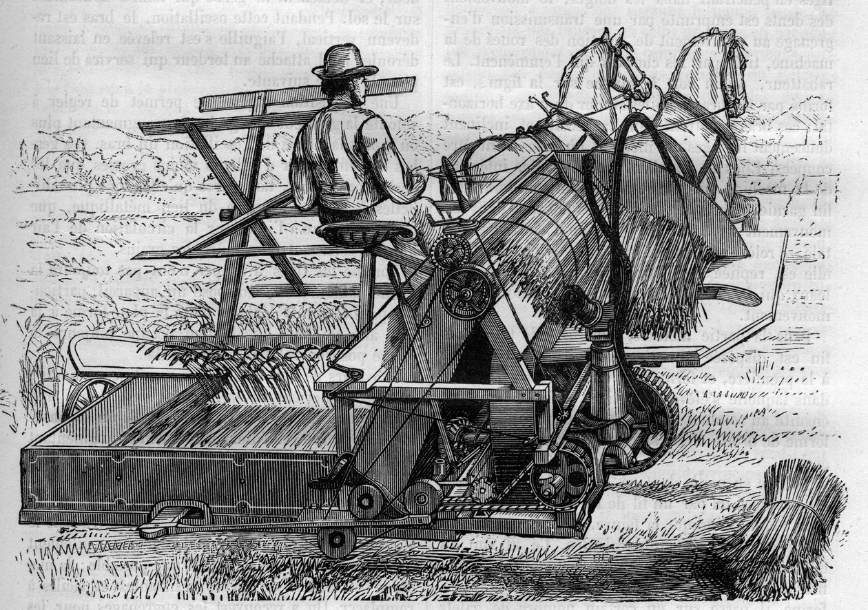 Agriculture et machines agricoles : une nouvelle moissonneuse tirée par des chevaux qui lie automatiquement les gerbes de blé dans les champs. Gravure dans "La Nature" - Unknown artist