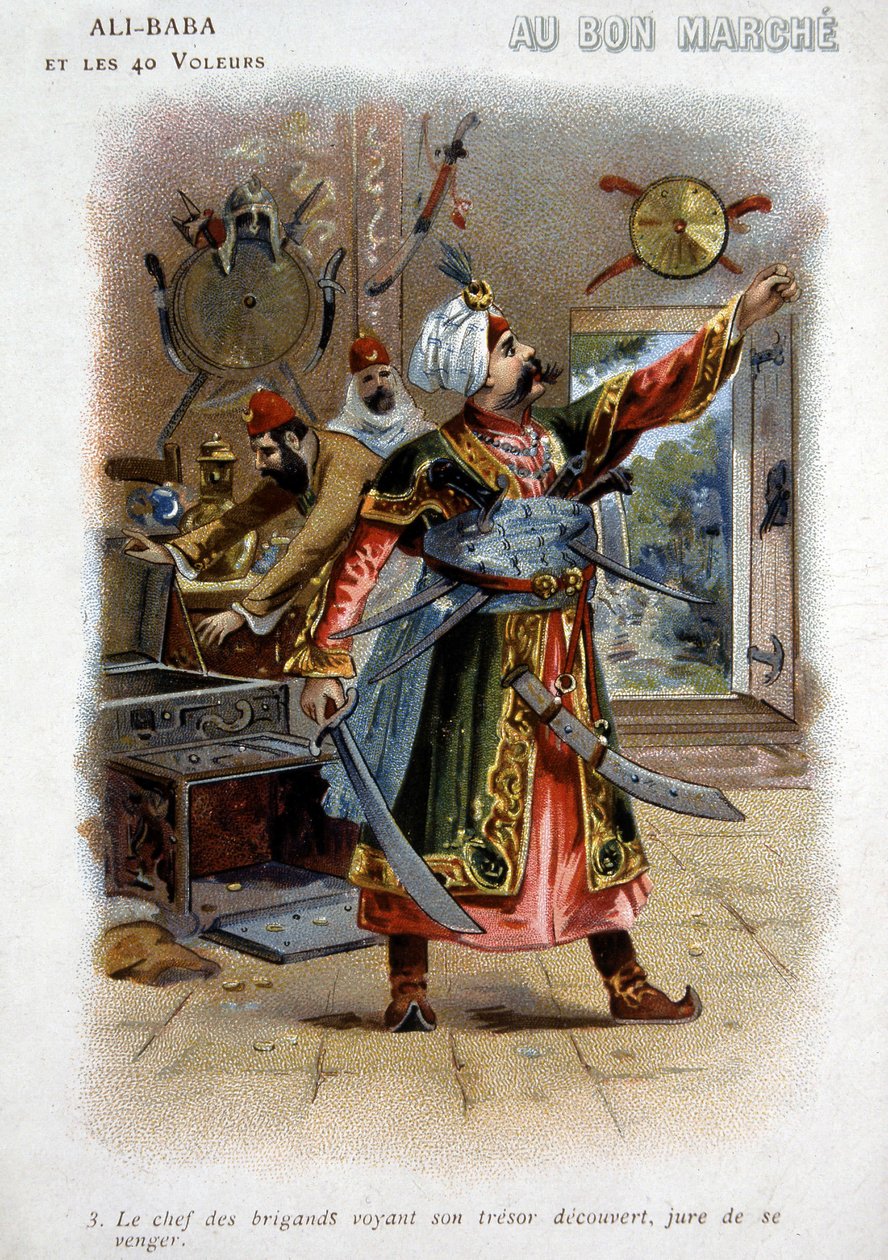 Ali Baba et les 40 voleurs (contes des mille et une nuits) : Le chef des voleurs voyant son trésor découvert, jure de se venger - Carton de la «Bonne Marche», fin du 19e siècle - Unknown artist
