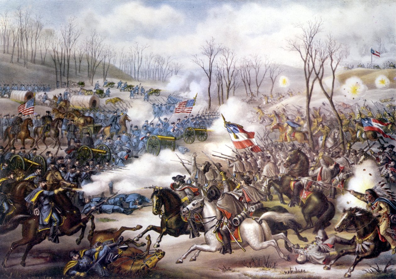 Guerre civile américaine (1861-1865) : bataille de Pea Ridge ou Elkhorn Tavern (Arkansas) du 6 au 8 mars 1862. Gravure du XIXe siècle. - Unknown artist