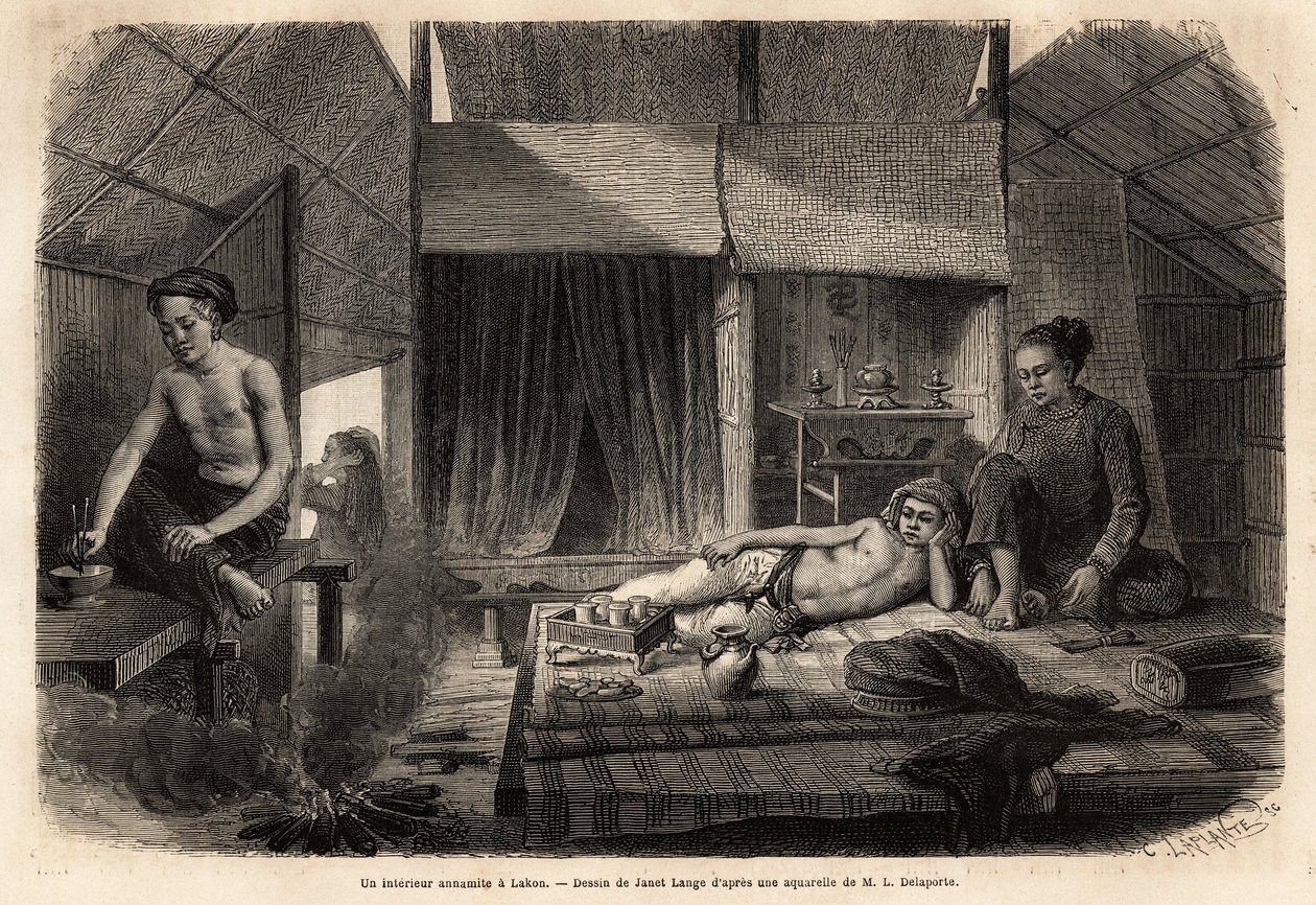 Un intérieur annamite à Lakon (Laos). Gravure pour illustrer le voyage d