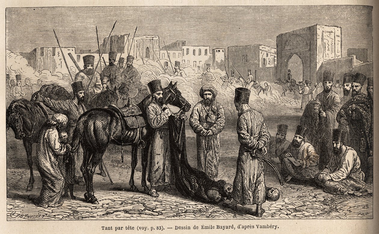 Un comptable du Khan, reçoit la livraison des têtes des ennemis et des otages, femmes et enfants attachés à la queue des chevaux. Dessin d