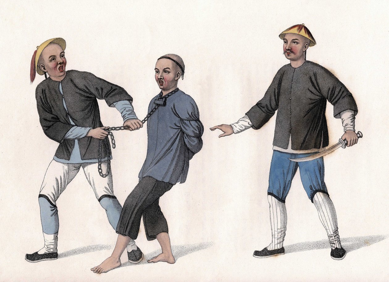 Un accusé est emmené en prison, attaché par une chaîne autour du cou. Gravure, dans Les Châtiments des Chinois, Londres - Unknown artist