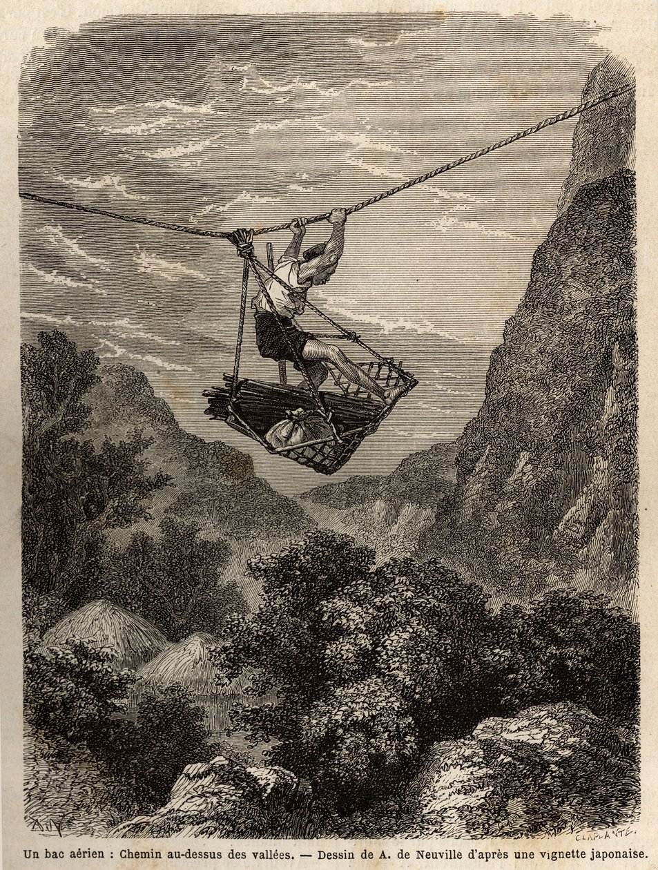 Un ferry aérien, chemin au-dessus des vallées, une sorte de panier suspendu à une corde pour le transport des hommes et des matériaux, son déplacement se fait par la force des bras, tirant la corde de suspension. Gravure pour illustrer le voyage au Japon e - Unknown artist