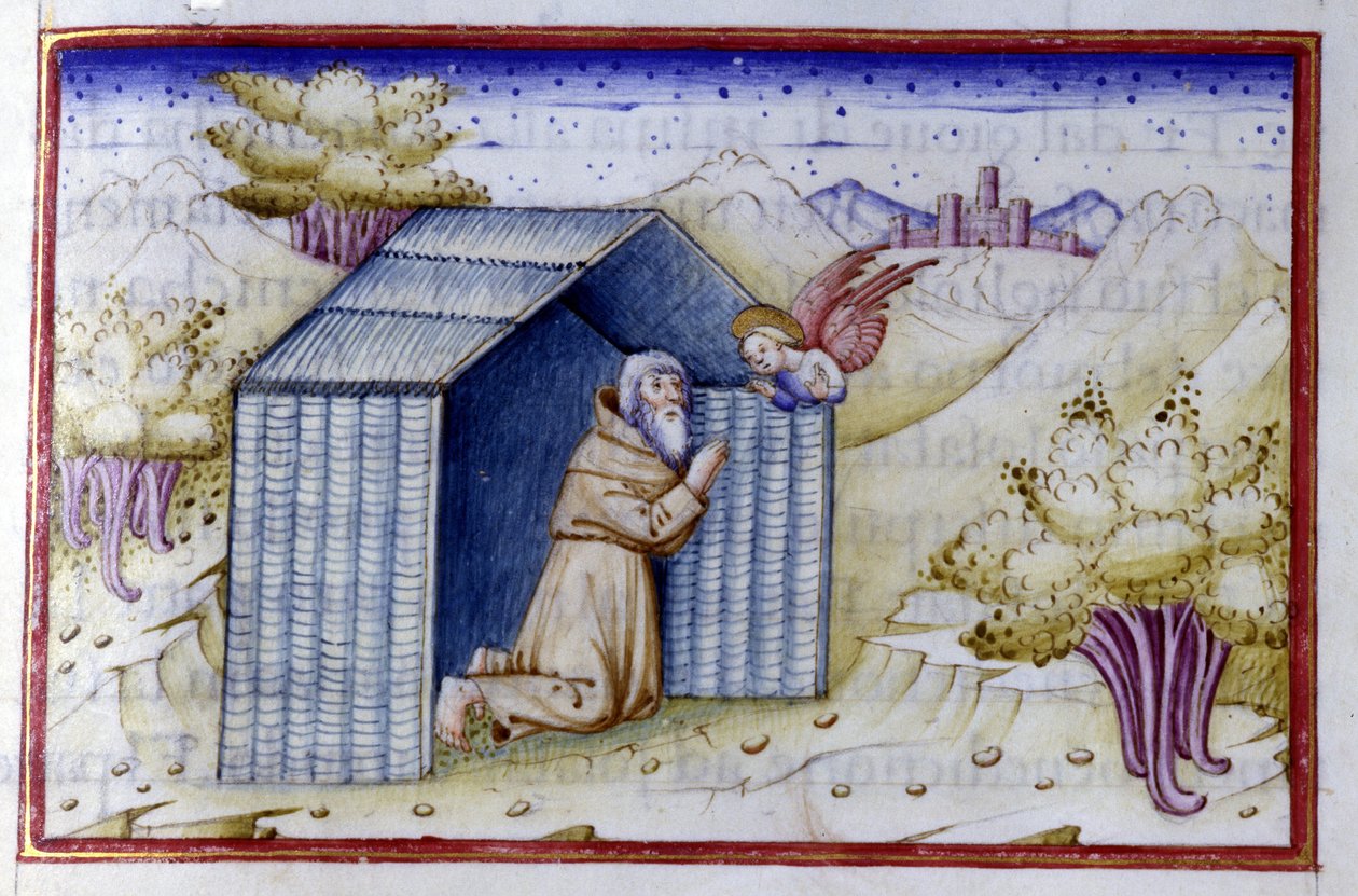 Un ange visite un ermite. Manuscrit du 15ème siècle. Bibl. Nazionale Braidense. - Unknown artist