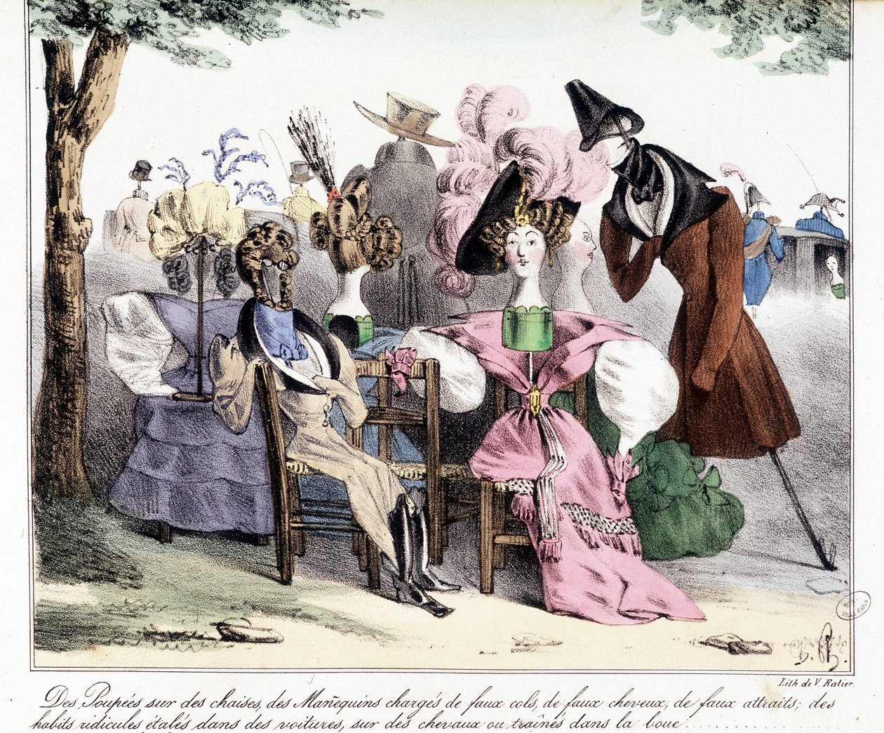 Description ironique de la mode bourgeoise du 19ème siècle : Poupées sur des chaises, modèles chargés de faux cols, faux chevaux, fausses attractions ; vêtements ridicules étalés dans des voitures, sur des chevaux ou traînés dans la boue. Dans La silhouett - Unknown artist