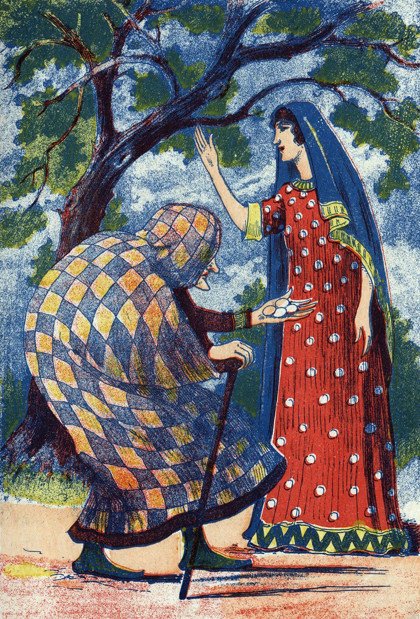Une vieille dame donne quatre œufs à Florine. Illustration anonyme pour le conte « L