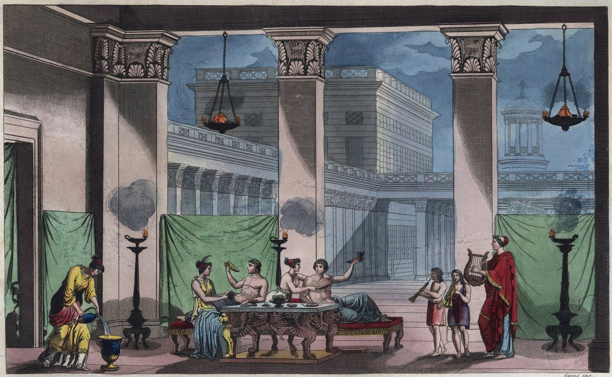 Grèce antique - Le Triclinium - gravure de 