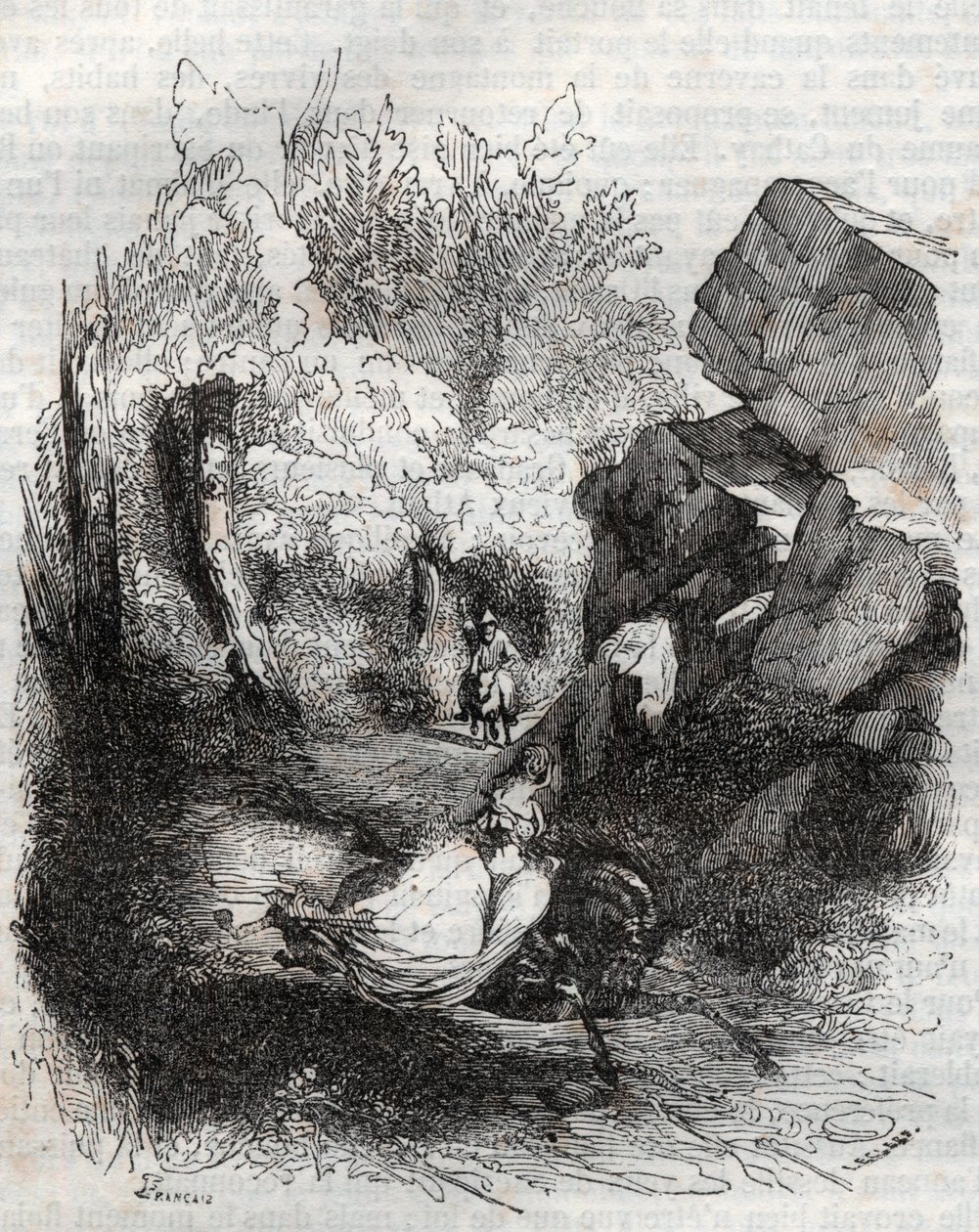 Angélique fuyant le vieil ermite - gravure de 1851 de "Roland furieux" (Orlando furioso) (16ème siècle) par Ludovico Ariosto, dit l