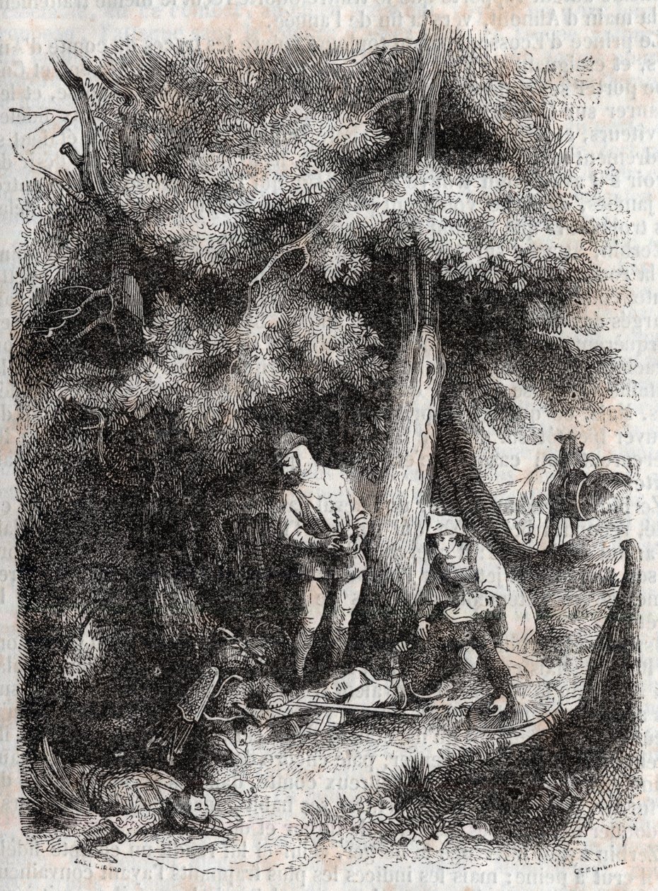 Angélique sauve Médor - gravure de 1851 de « Roland furieux » (Orlando furioso) (16e siècle) par Ludovico Ariosto, traduit de l