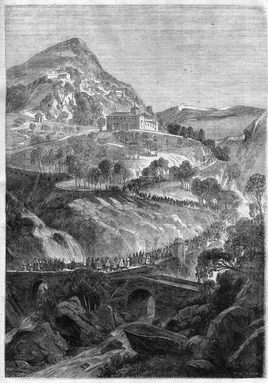 Pèlerinage annuel du 21 mars au couvent de Saint-Benoît sur le Mont Cavo (Colli Albani) près de Rome - Gravure de 1868 - Unknown artist
