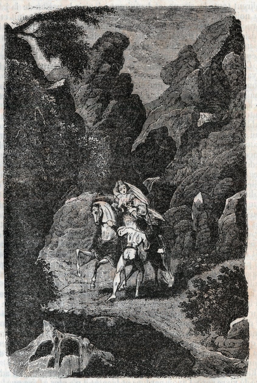 Argie attaqué par les ordres de son fiancé - gravure de 1851 de "Roland furieux" (Orlando furioso) (16ème siècle) par Ludovico Ariosto, dit l