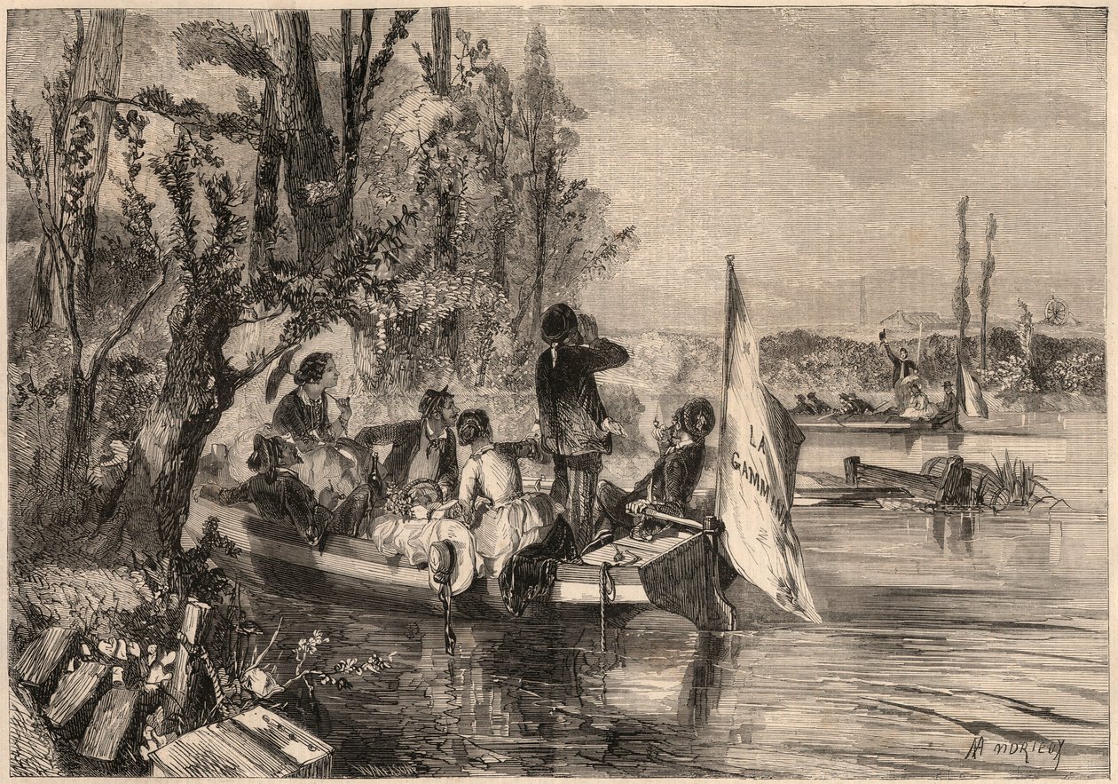 Autour de Paris en 1857. Les canoéistes à Asnières. Gravure dans "Le Monde illustré" de 1857. Collection privée. - Unknown artist