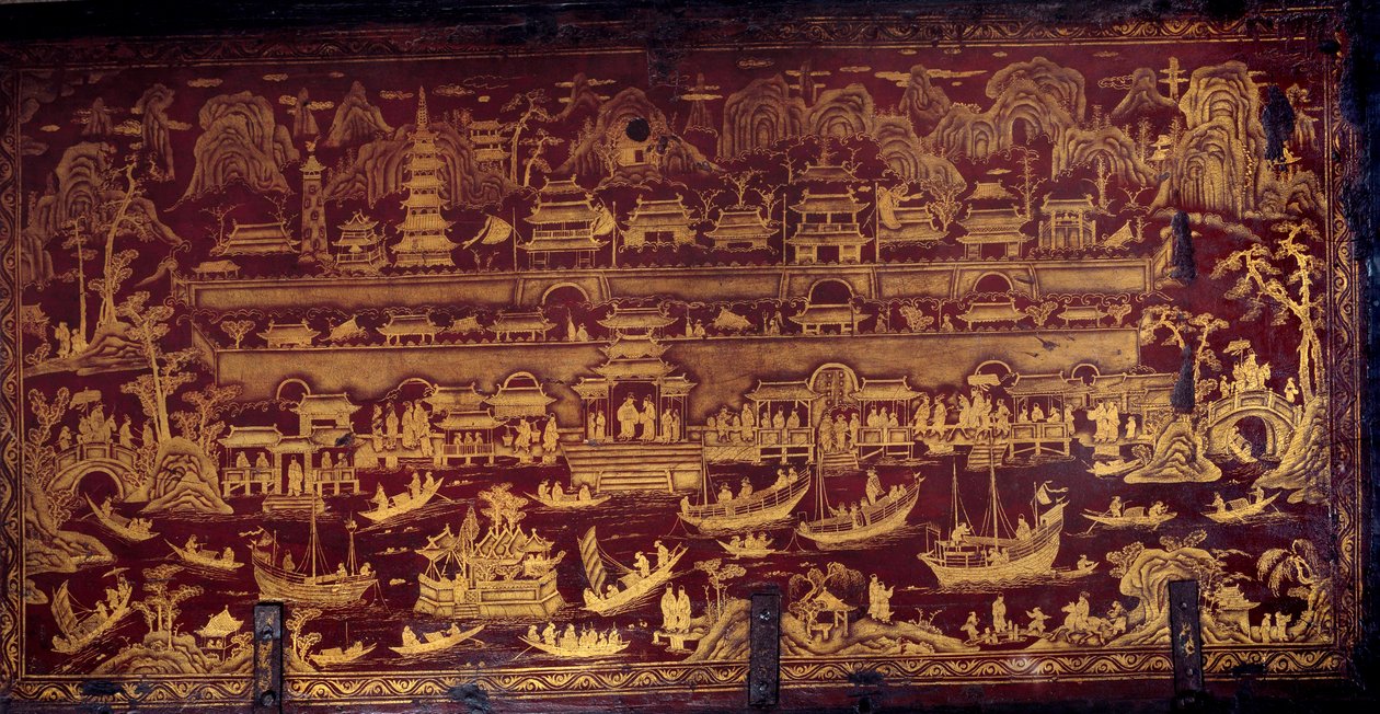 Arrivée des Portugais à Nankin (Nanjing ou Namquin), Chine. Couvercle de boîte recouvert de peinture rouge et or. XVIIe siècle. Porto, Musée National - Unknown artist