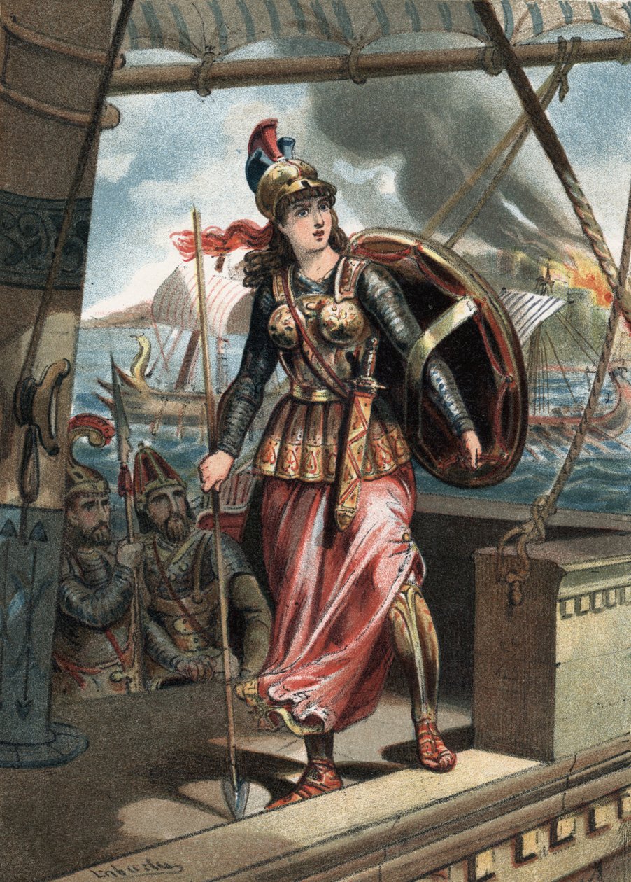 Artémise Ire (Ve siècle av. J.-C.) à la bataille de Salamine (480), aux côtés de Xerxès Ier. dans « El Culto de la Hermosura » par Juan Justo Huguet, Molinas Hermanos éditeurs - Unknown artist