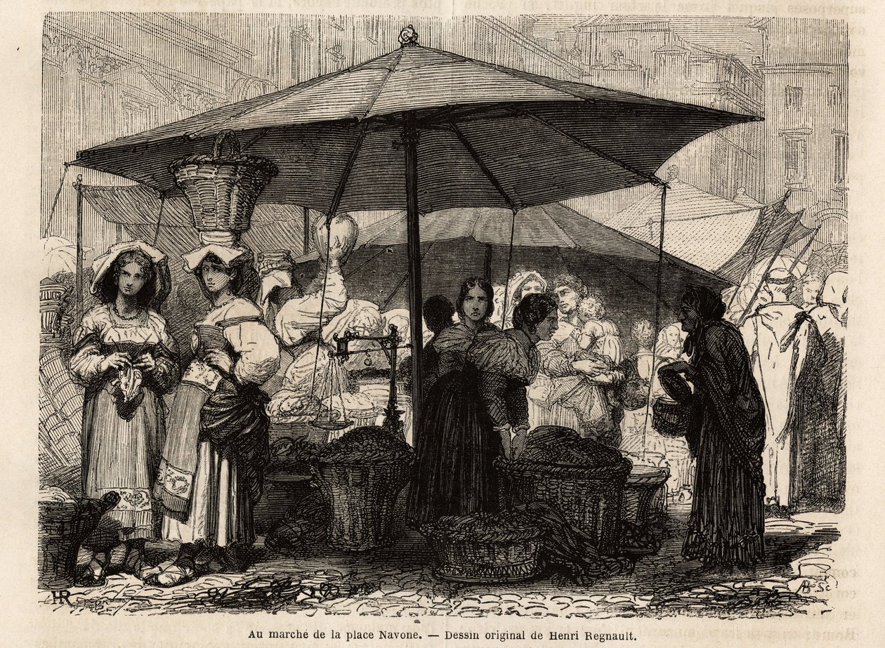 Au pied de la Piazza Navona, Rome (Italie). Gravure pour illustrer le voyage à Rome, par Francis Wey, en 1864-1868, publié dans "Le tour du monde, nouveau journal des voyages", sous la direction d