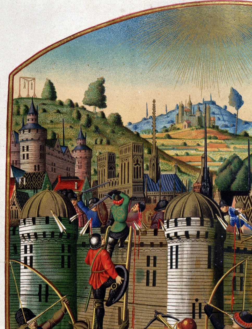 Attaque du château de Philippe Auguste avec vue de Paris et des gibets de Montfaucon pendant la guerre de Cent Ans, milieu du XVe siècle (détail) - Unknown artist