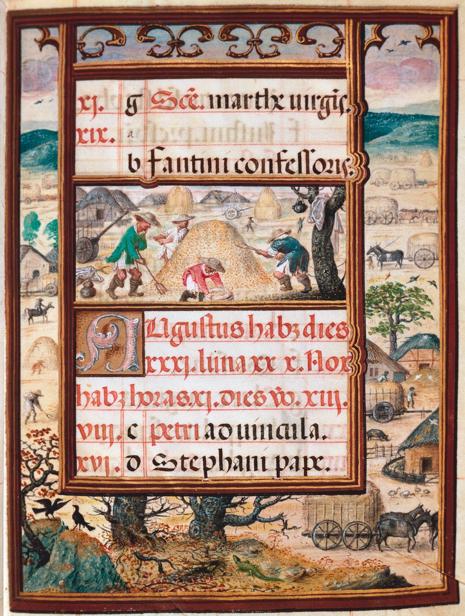 Août. Paysans au travail. Page du manuscrit Livre d