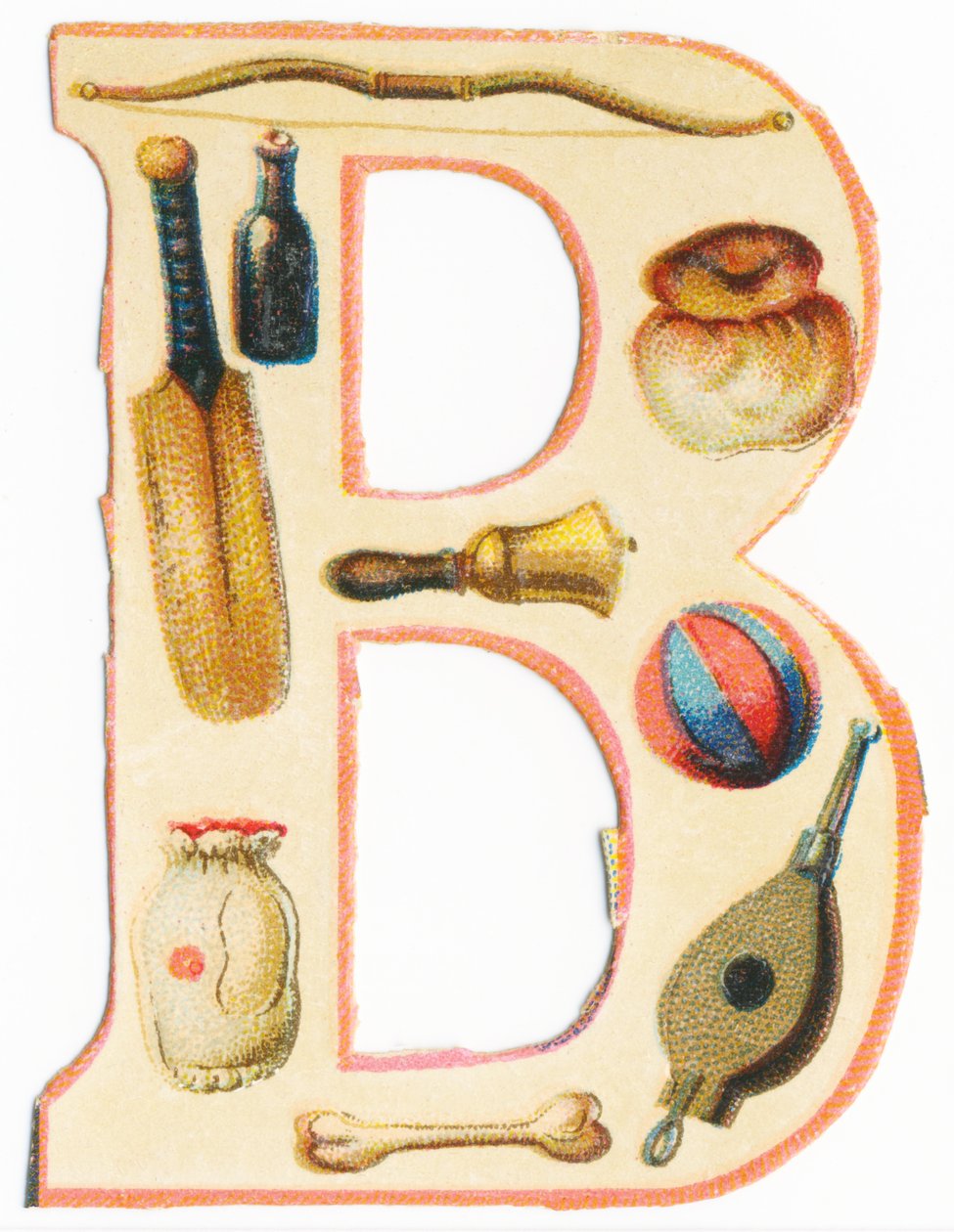 B: arc, batte de baseball, bouteille, brioche, cloche, ballon, os, sac, soufflet - Unknown artist