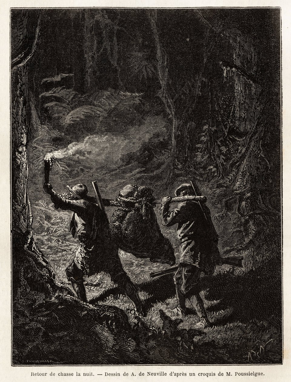 Retour de la chasse de nuit, la proie, un ours, est attachée et suspendue à une branche que les chasseurs portent sur l