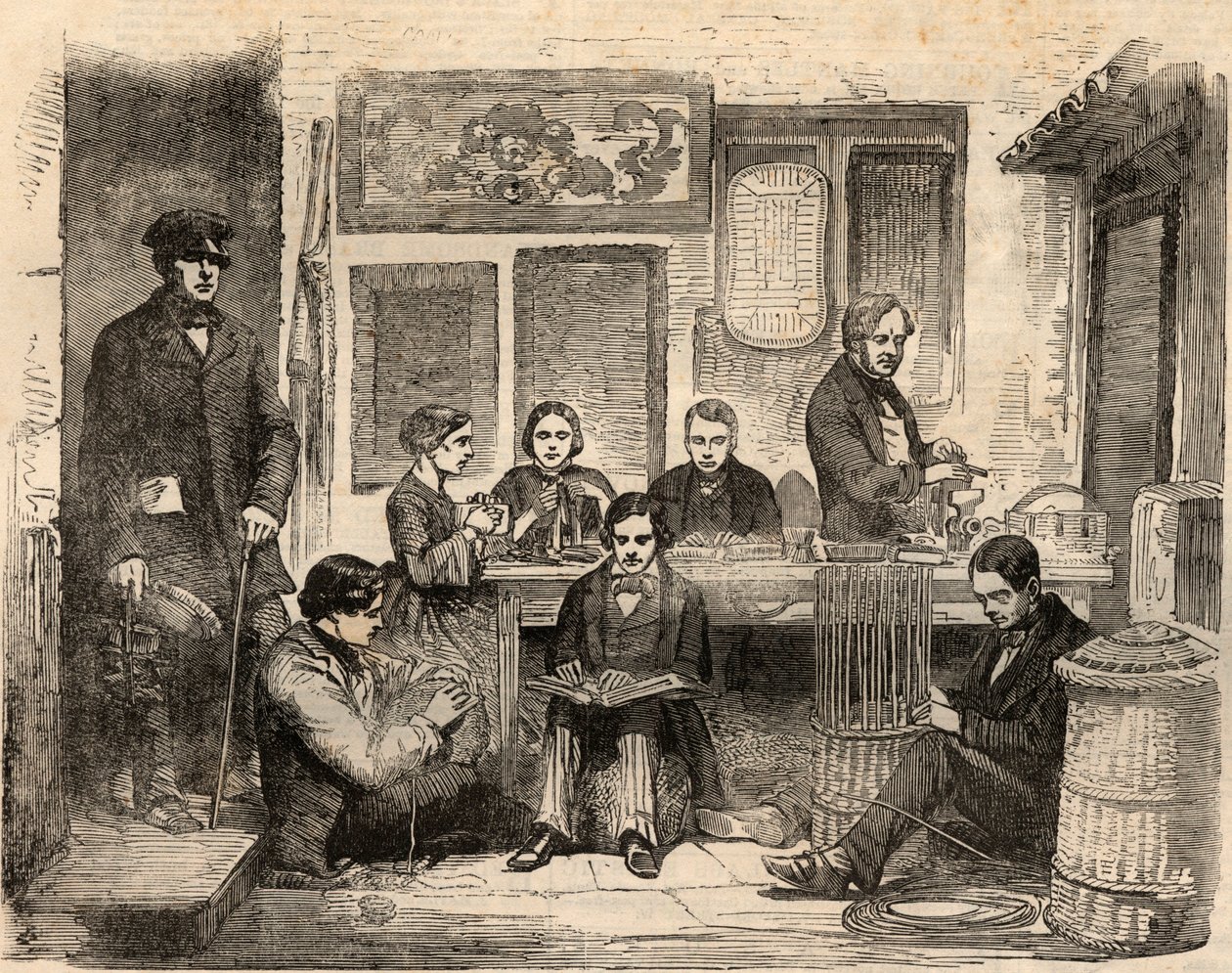 Atelier de vannerie et de lecture pour les aveugles situé sur Euston Road à Londres et organisé par l