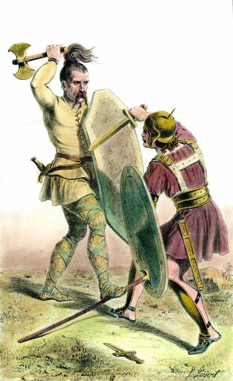 Bataille entre un soldat franc et un soldat romain. Gravure du 19ème siècle - Unknown artist