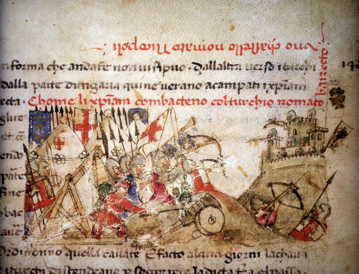 Bataille de Nicopolis : défaite des chrétiens par Bayazid I (Turquie), le 28/09/1396 - dans « Croniche del Sercambi », vers 1400. Archives Nationales, Lucques - Unknown artist