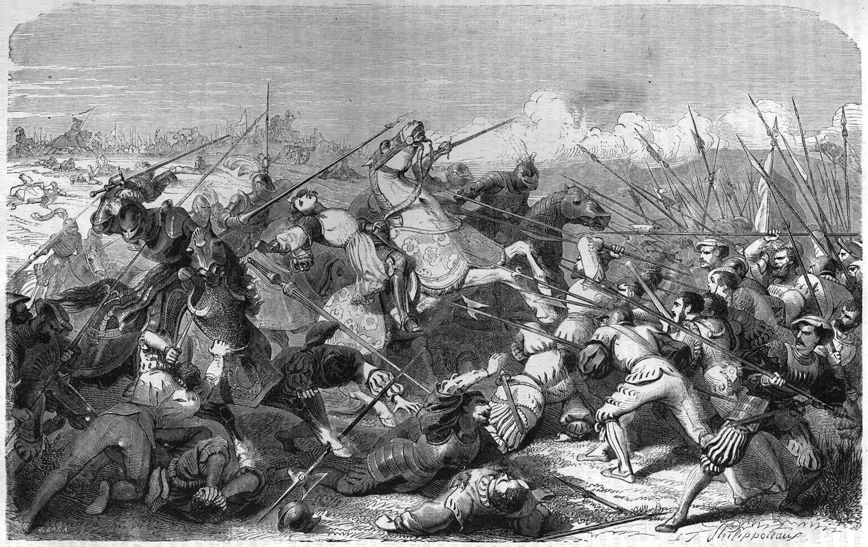 Bataille de Ravenne (Italie), mort de Gaston de Foix duc de Nemours (1489-1512) le 11 avril 1512. Gravure du 19ème siècle. - Unknown artist
