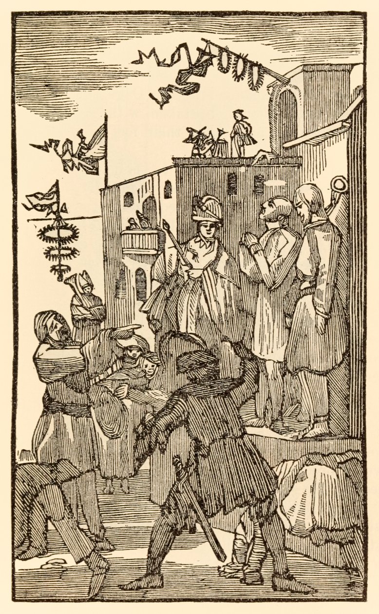 Voici Vanity Fair! de The Pilgrims Progress From This World, To That Which Is To Come par John Bunyan (1628-1688) Le chrétien entre dans la ville de Vanity Fair et voit des pèlerins enchaînés. - Unknown