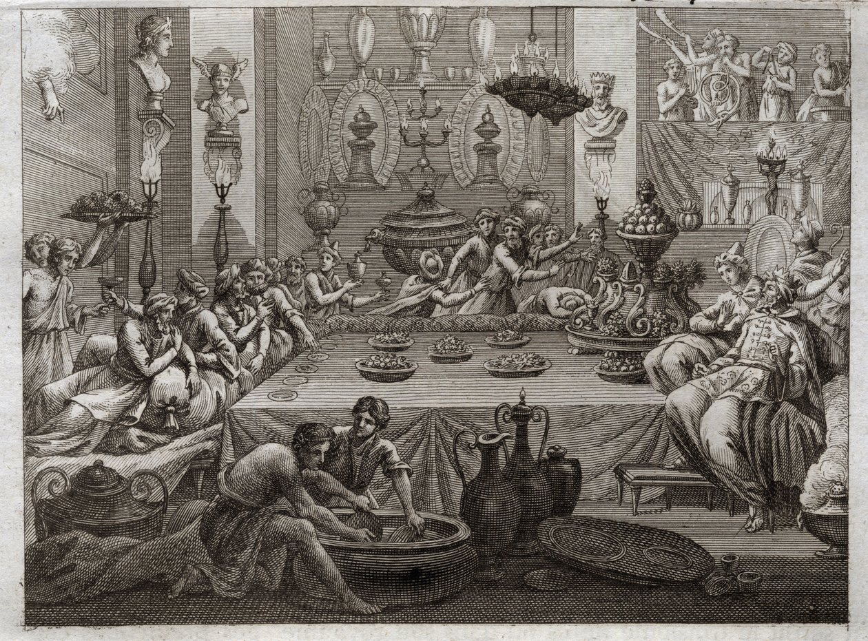 Bible de Royaumont, Ancien Testament : Balthazar condamné. Le roi Balthazar (Belshatsar) voit à table une main qui écrit en trois mots la fin de sa sentence. Illustration de 1811 - Unknown artist