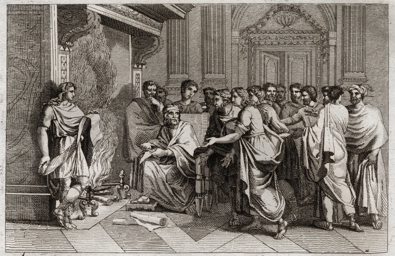 Bible de Royaumont, Ancien Testament : Baruch prophète. Le roi Joachim (Joakim, Joachin, Jéchonias) coupe le rouleau contenant les prophéties de Jérémie transcrites par son disciple Baruch (Baruch ben Neria) et le jette au feu. Illustration de 1811. - Unknown artist