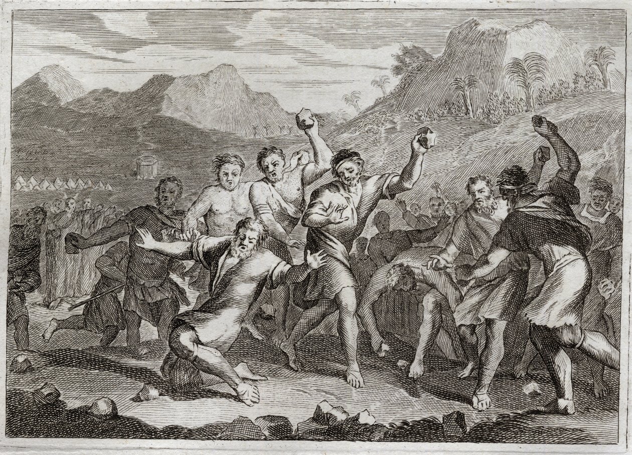 Bible de Royaumont, Ancien Testament : Blasphémateur Lapide. Dieu transforme en pierre un blasphémateur de son saint nom, et un autre qui a violé le saint Shabbat, ramassant quelques brins de paille dans le champ. Illustration de 1811 - Unknown artist