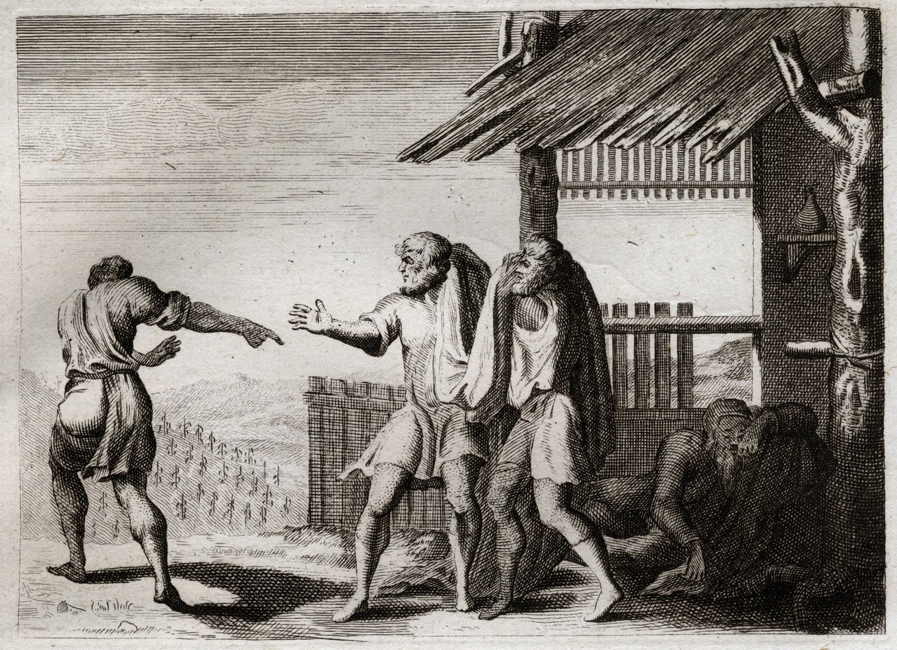 Bible de Royaumont, Ancien Testament : Cham maudit par son père (ivresse de Noé). Cham, le second des enfants de Noé, voit son père dans une posture indécente, ne s