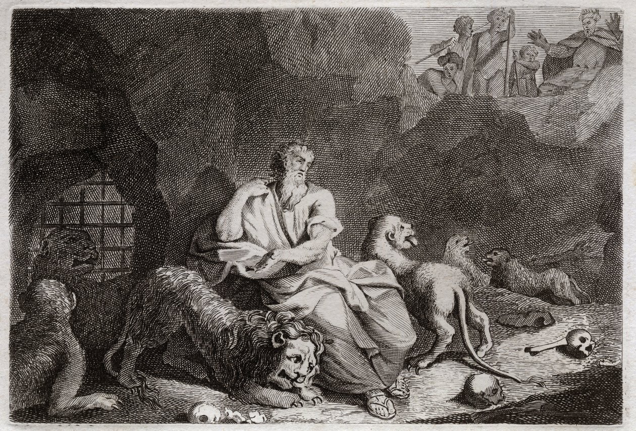 Bible de Royaumont, Ancien Testament : Daniel dans la fosse aux lions. Daniel est jeté dans la fosse aux lions et en sort miraculeusement indemne. Illustration de 1811. - Unknown artist