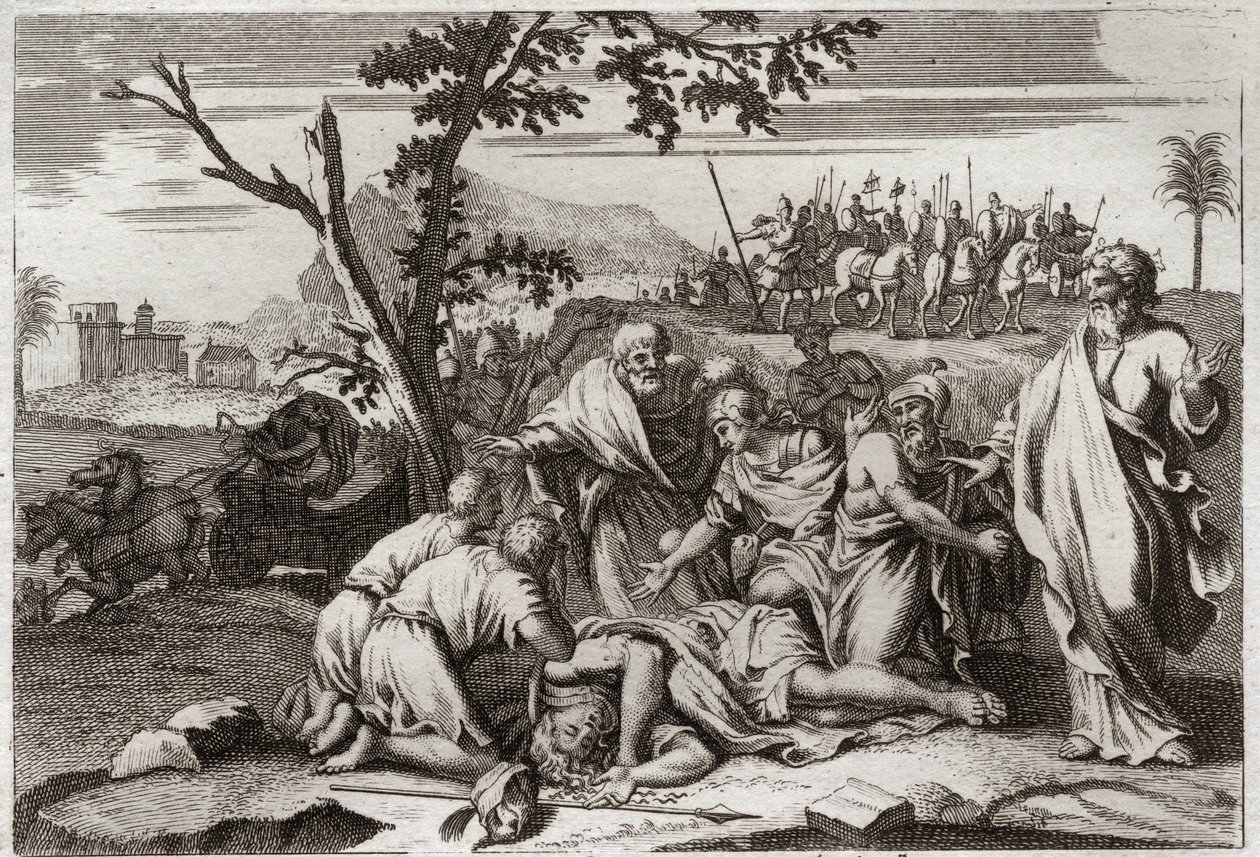Bible de Royaumont, Ancien Testament : Mort du méchant Antiochus. La mort effroyable du roi Antiochus IV Épiphane (175-164 av. J.-C.) après une chute de cheval. Illustration de 1811. - Unknown artist
