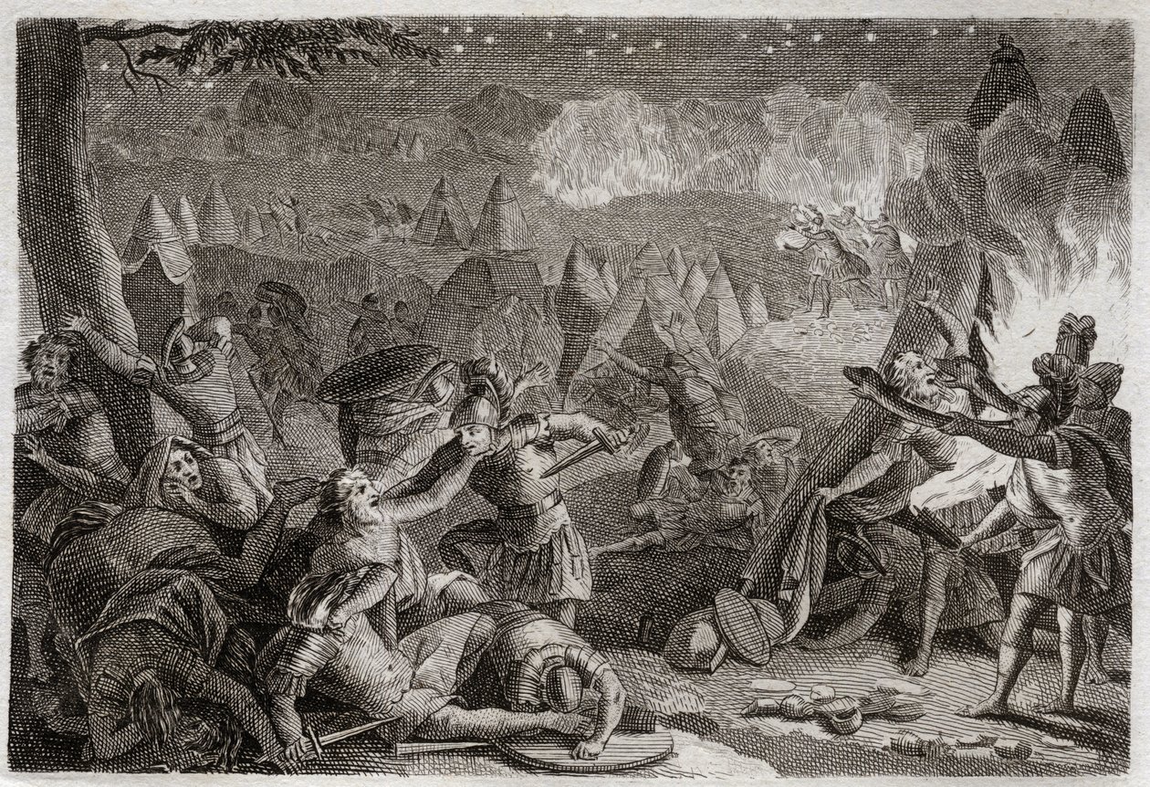Bible de Royaumont, Ancien Testament : Défaite des Madianites par le son des trompettes et par les lumières des lampes. Illustration de 1811. - Unknown artist